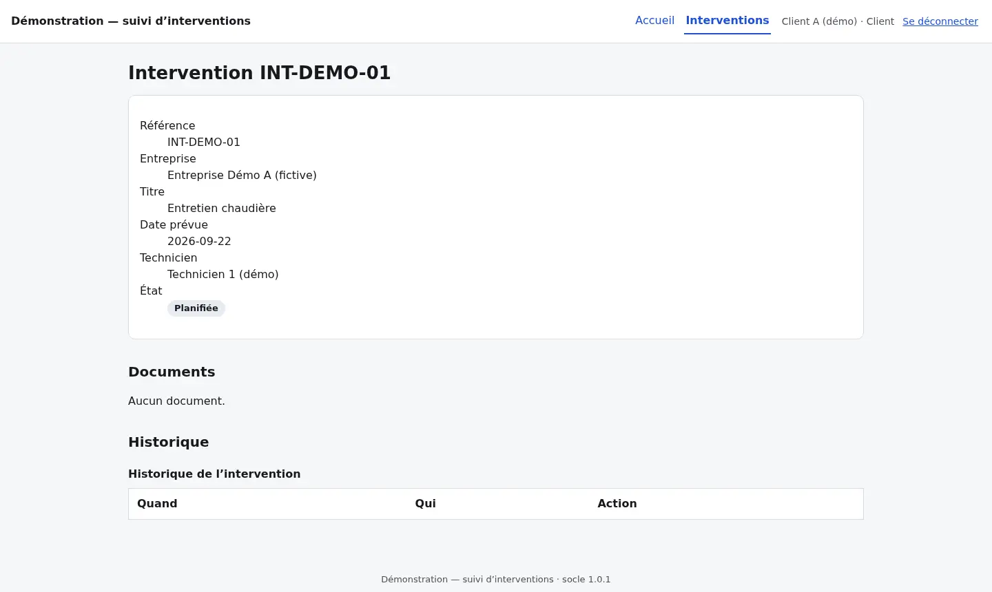 La fiche de l’intervention vue par le client, avec ses documents et son historique