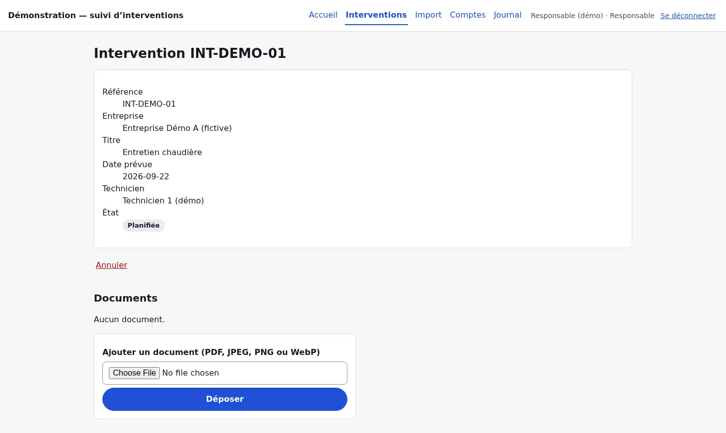 La fiche de l’intervention «&nbsp;Entretien chaudière&nbsp;»&nbsp;: référence, entreprise, date prévue, technicien, état, et le dépôt d’un document