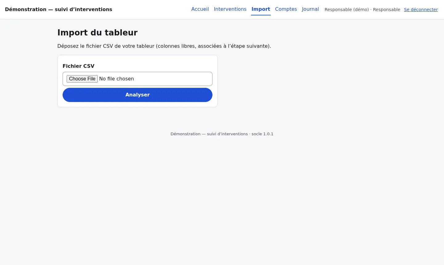 L’écran «&nbsp;Import du tableur&nbsp;»&nbsp;: le dépôt d’un fichier CSV avant l’association des colonnes