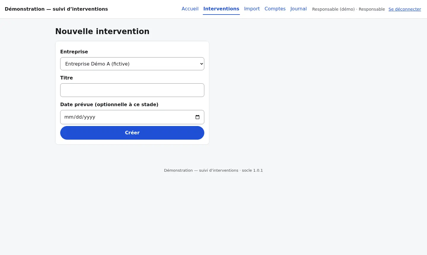 Le formulaire «&nbsp;Nouvelle intervention&nbsp;»&nbsp;: l’entreprise, le titre et la date prévue