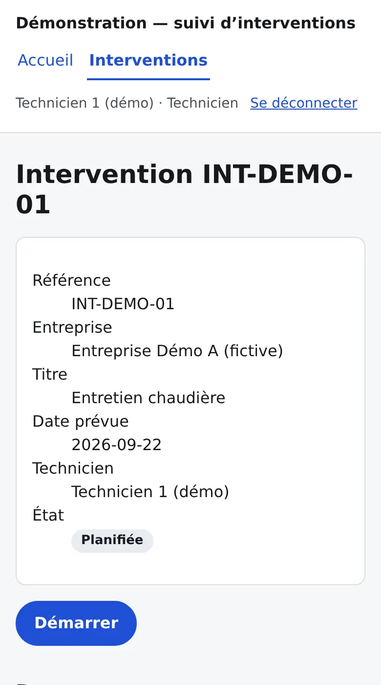 La fiche «&nbsp;Entretien chaudière&nbsp;» sur le téléphone du technicien, avec le bouton «&nbsp;Démarrer&nbsp;»