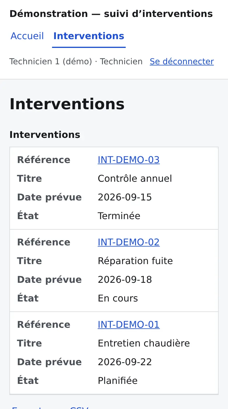 La liste des interventions du technicien sur son téléphone
